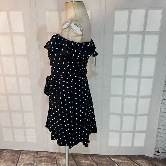 Zara NWT Black White Polka Dot Off Shoulder Tie Back Mini Sundress Size Small - Picture 9 of 12